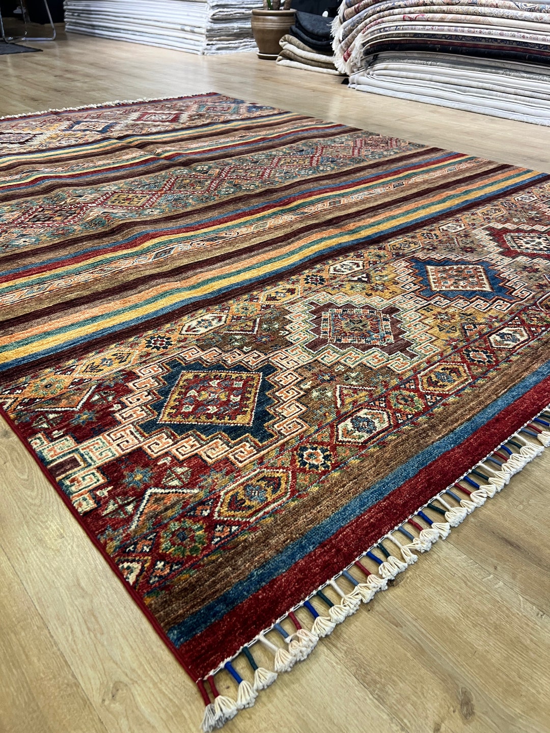 6x8 Ft Colourful Ethnic Pattern Wool Rug, Traditional Anatolian Style ...