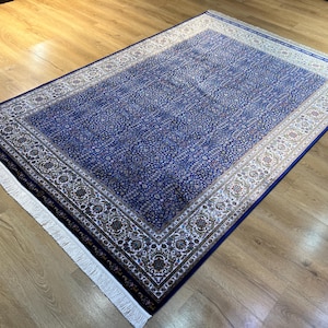 5x8 ft Cream Dark Blue Silk Rug, Floral Patterned Silk Rug, Medium Silk Rug, High Quality Rug, Qum Silk Rug, Rug For Living Room, Rugs