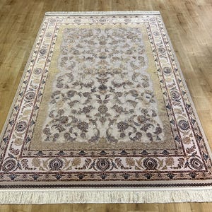 5 x 8 ft goudblauw zijden tapijt, zijden tapijt met bloemenpatroon, Turks zijden tapijt, hoogwaardig tapijt, luxe zijden tapijt, tapijt voor woonkamer, zijden tapijt