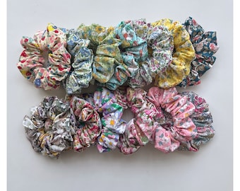 13 Printed, Floral Scrunchies, Elastic hair band, Ponytail Holder, Flower Scrunchies