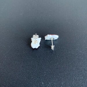 May include: A pair of silver stud earrings with a red and white design. The earrings are shown from the back, revealing the post and butterfly backing.