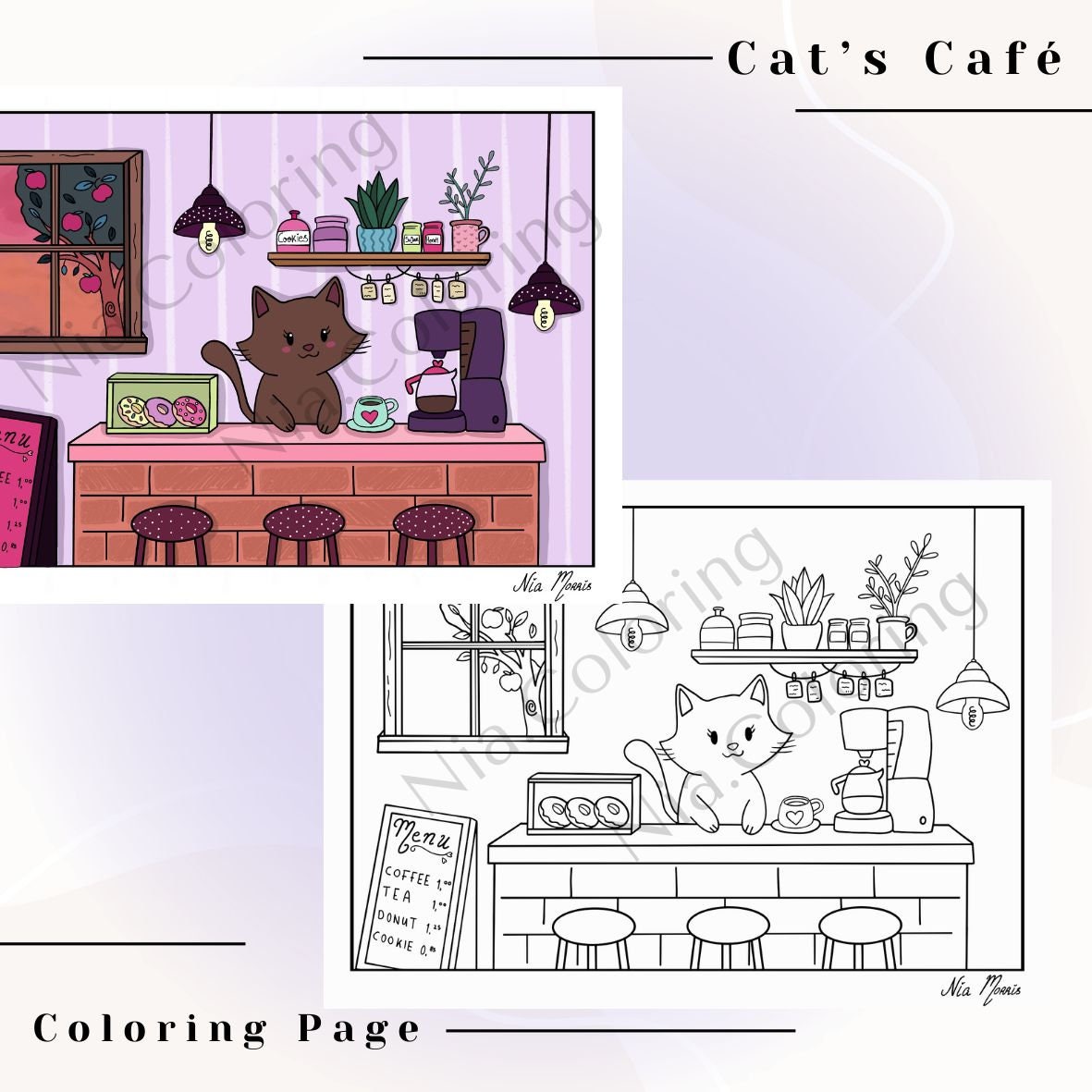 Cat's Café Cozy Coloring Page All Ages Adults and Kids Instant