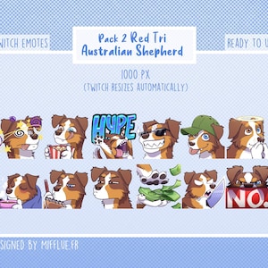 May include: A set of 10 Twitch emotes featuring a red tri Australian Shepherd dog in various poses and expressions. The emotes include the dog wearing a hat, sunglasses, and a halo, as well as expressions like "hype" and "no".