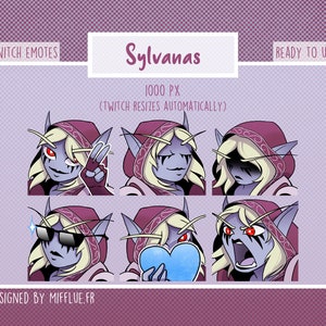 May include: Six different animated expressions of Sylvanas, a character from the video game World of Warcraft, in a cartoon style. The expressions include a wink, a sad face, a surprised face, sunglasses, a heart, and an angry face. The images are designed for use as Twitch emotes.