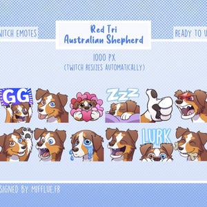 May include: A set of Red Tri Australian Shepherd Twitch emotes. The cartoon dog emotes display different expressions, such as holding a sign, sleeping, and giving a thumbs up. Text includes "GG", "Zzz", and "LURK".
