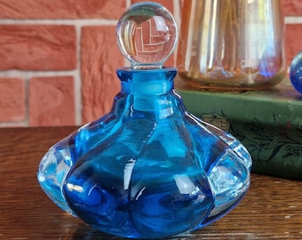Vintage Blue and Clear Glass Decorative Bottle, Vintage House Interior, Living Room Decor, Desk Item, Colorful Glass, Small Bottle
