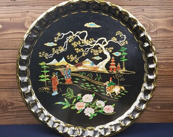 Vintage Large Metal Baret Ware Tray With Oriental Motif c1950, Kitchen Decor, Living Room Decor, Asian Motif Tray