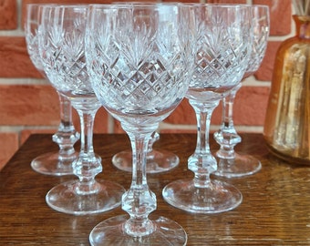 Vintage Set of 6 Clear Cut Crystal Wine Glasses, Living Room Decor, Kitchen Decor, Vintage Barware, Toast Glasses, Dinner Party Decor