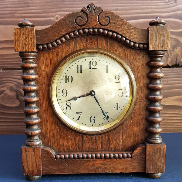 Vintage German HAC Mantel Clock - Solid Wood Case with Columns c1920