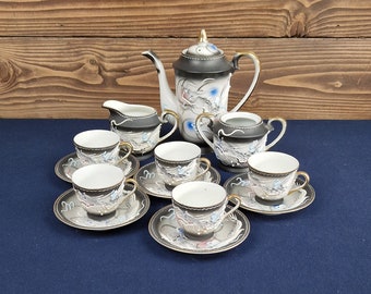 Vintage Japanese Black Raised Dragonware Porcelain Foreign Tea Set, 13 pieces, Retro Kitchen Decor, Living Room Decor, Vintage Tea Party