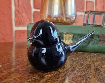 Vintage Small Black and Clear Glass Bird, Vintage House Interior, Living Room Decor, Glass Shelf Ornament