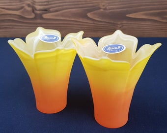 Vintage Set of Two Small Joska Crystal Yellow and Orange Flower Vases, Candle Holders, Living Room Decor, Office Decoration