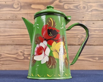 Vintage Enamel Hand Painted Metal Green Floral Jug, Folk Art Pattern, Retro Kitchen Decor, Vintage Farm House Interior