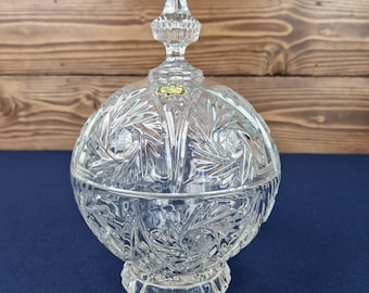 Vintage Clear Crystal Lidded Candy Dish/Bowl from Yugoslavia, Office Decor, Kitchen Decor, Vintage Side Table Decor
