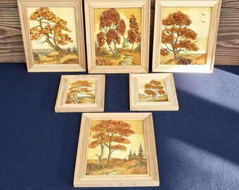 Vintage Set of 6 Amber Embedded Landscape Pictures With Trees in Two Sizes, Retro Living Room Decor, Vintage House Interior, Wall Decor