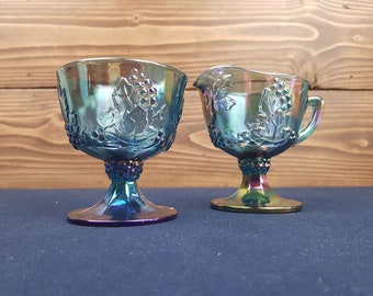 Vintage Blue Carnival Glass Sugar Bowl and Creamer set with grapes and leaves design, Kitchen Decor, Party Decor