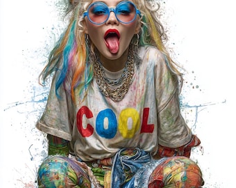 Può includere: Illustrazione colorata di una persona con occhiali con montatura blu, una maglietta bianca con la scritta "COOL" e pantaloni fantasia. La persona ha capelli arcobaleno e scarpe da ginnastica rosse. L'immagine ha un effetto acquerello.