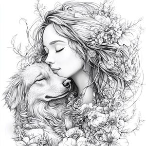 Dibujos para colorear mujer y perro con flores | Dibujos para colorear de arte lineal para imprimir y descargar digitalmente para adultos. Amantes de los animales. Arte del amor con los perros.