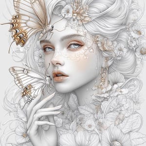Coloring pages for adults – Elegant women, butterflies & flowers | Digital coloring pages to print | PDF instant download