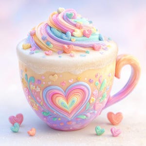 10 Pastell Latte Art Poster mit Herz & Zucker | 3D Cartoon Kaffee Illustrationen als PDF + JPG ZIP | Süße digitale Wanddeko zum Download
