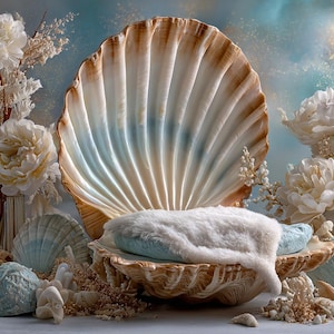 Op de afbeelding: Een rekwisiet voor pasgeboren fotografie met een schelpenthema. Een grote, open schelp wiegt een zachte witte deken. De scène is versierd met witte bloemen, kleinere schelpen en gedroogd blad tegen een zachte blauw-gouden achtergrond.