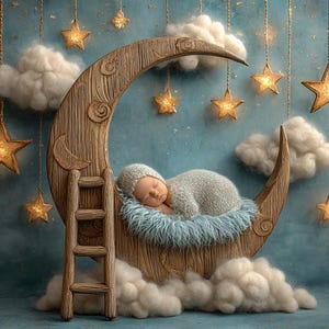 Könnte beinhalten: Ein neugeborenes Baby schläft friedlich in einem mondsichelförmigen Bett, umgeben von flauschigen Wolken und leuchtenden Sternen. Mond und Leiter sind aus Holz gefertigt und schaffen eine skurrile Szene im Kinderzimmer. Das Baby trägt ein graues Strick-Outfit.