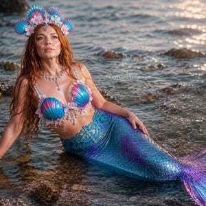 Può includere: Un costume da sirena composto da una coda con motivo a scaglie blu e viola, un reggiseno a conchiglia decorato con fiori rosa e perline pendenti, e una corona di conchiglie abbinata con accenti floreali rosa, indossato da una persona dai capelli rossi.