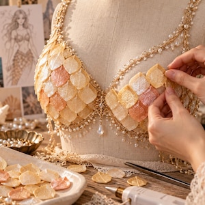 May include: A decorative bra top adorned with layered, translucent leaf-shaped scales in shades of peach, gold, and cream. The garment features intricate gold-toned beading, delicate pearl accents along the straps, and a central teardrop crystal.