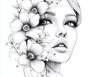 Coloring Pages Women & Flowers | Elegant Floral Faces to Color | PDF Coloring Pages for Adults | Instant Download Art Romantic Style