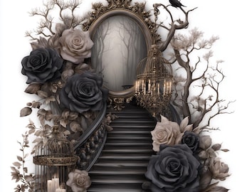 10 imágenes prediseñadas de boda gótica: rosas negras, boda oscura PNG, fondo transparente, descarga digital.