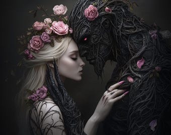 May include: A woman with a crown of pink roses is embraced by a figure made of dark vines and branches. The figure has glowing red eyes and the woman's eyes are closed. The image is dark and moody.