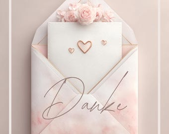 May include: A soft pink envelope with a white card inside, adorned with small gold hearts and a cluster of pink roses. The word "Danke" is written in cursive. The text at the top says "Manches ist klein, doch die Wirkung groß."
