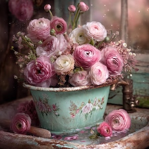 Conjunto de 5 carteles de flores románticas, impresiones vintage en A4 como archivo PDF y Zip, descarga instantánea en 300 ppp, decoración Shabby Chic para la cocina y más.
