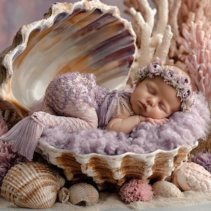 Op de afbeelding: Een pasgeboren baby, verkleed als zeemeermin, slaapt vredig in een grote schelp. De baby draagt een lavendelkleurige zeemeerminstaart en een bloemenkrans. De scène is versierd met koraal, schelpen en een decoratieve vogelkooi.