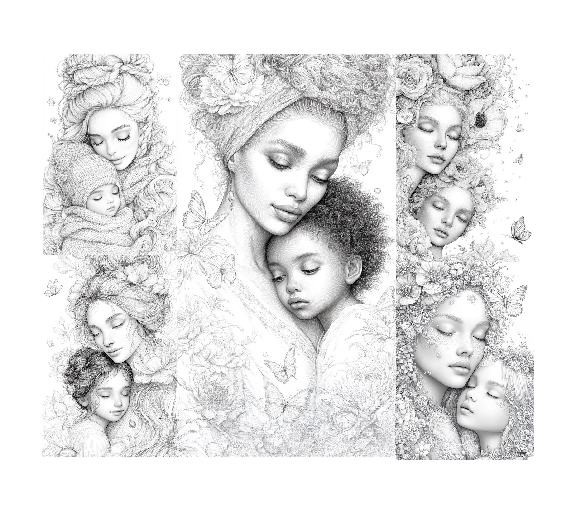 20 enchanting mother-child coloring pages – high-resolution PDF files for printing – lovely coloring pages for children and adults