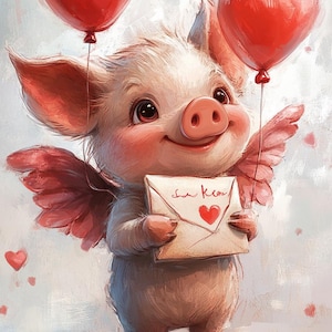 10 lindos cerditos voladores de la suerte con globos de corazón: ilustración en acuarela, archivo digital para tarjetas de felicitación o decoración de habitación infantil.