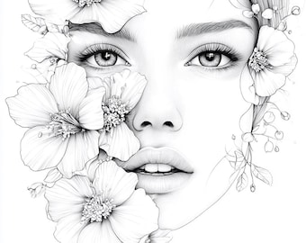 Floral Women Coloring Pages – 10 Elegant Faces with Flowers – Printable PDF & High-Res JPG 6000px – Adult Coloring
