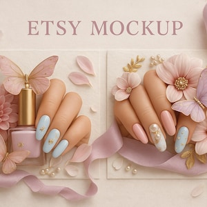 2 luksusowe makiety zdobień paznokci – pastelowy błękit i róż ze złotem i motylami – 300 DPI PDF i ZIP – idealne do Etsy, druku i studia