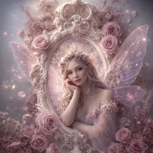 Op de afbeelding: Een portret van een fee met lang blond haar, een bloemenkrans en een roze jurk. Ze heeft glinsterende vleugels en wordt omringd door een sierlijke spiegel en roze rozen. De afbeelding heeft een zachte, dromerige uitstraling.