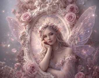 Romantic Mirror Background with Roses | Vintage Floral Frame Pink White | Digital Composing Backdrop PNG PDF Download