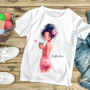 Cute Cartoon Girl Illustration – Flowers, Coffee & Smiles – Digital Art in Manga Style – Perfect for Wall Decor and Gift Ideas