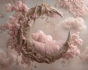 Baby Photo Background Moon Pink Newborn Shooting Prop | Boho Flowers Clouds Props | Digital Download 300 dpi Fine Art Composings