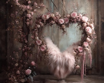 Spring Swing Backdrop, Heart Floral Swing, Baby Girl Tulle Dress, Romantic Photography Mockup, Digital Background for Photoshoot