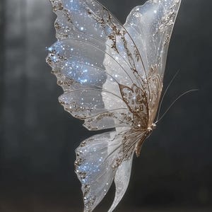 Könnte beinhalten: Ein filigraner Schmetterling mit durchscheinenden, schimmernden Flügeln. Die Flügel sind mit goldenen Filigranarbeiten und funkelnden Akzenten versehen, was einen magischen, ätherischen Effekt erzeugt. Der Körper des Schmetterlings ist goldfarben, vor einem weichen, verschwommenen grauen Hintergrund.