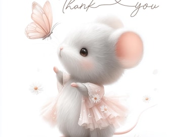 10 Thank You Cards with Cute Mouse in Tutu – Printable Thank You Card Set, 300 DPI, Baby Shower, Baptism, Birth, Instant Download