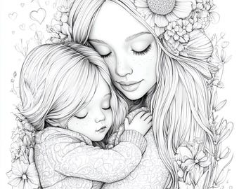 20 enchanting mother-child coloring pages – high-resolution PDF files for printing – lovely coloring pages for children and adults