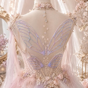 May include: A sleeveless gown featuring a sheer back panel with embroidered iridescent blue and purple fairy wings. The bodice is adorned with intricate floral appliqués, beads, and crystals, extending to a layered tulle skirt with pearls.