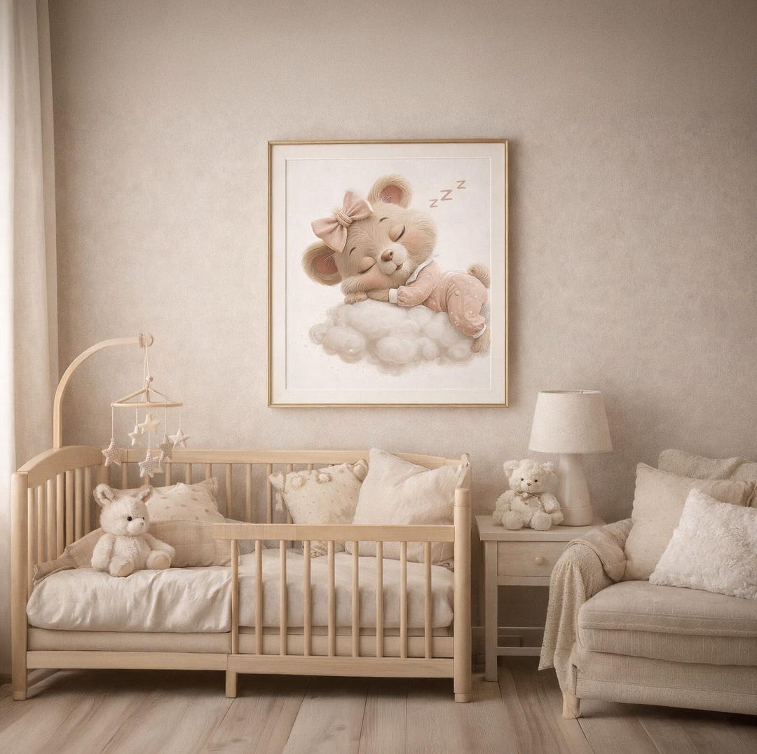 Sleeping Teddy Bear on Cloud Wall Art Set | Baby Nursery Decor Pink ...