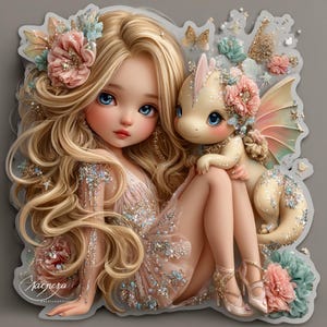 10 Cute Fairy Stickers – Kawaii Fantasy Child with Baby Dragon – PNG Transparent & PDF Print File – Digital Download Set