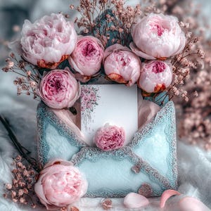 10 florale Karten-Mockups – Romantische Pfingstrosen mit Umschlag – 5x7 Zoll JPG 300 DPI + PDF – Hochzeitseinladung Deko – Sofort-Download
